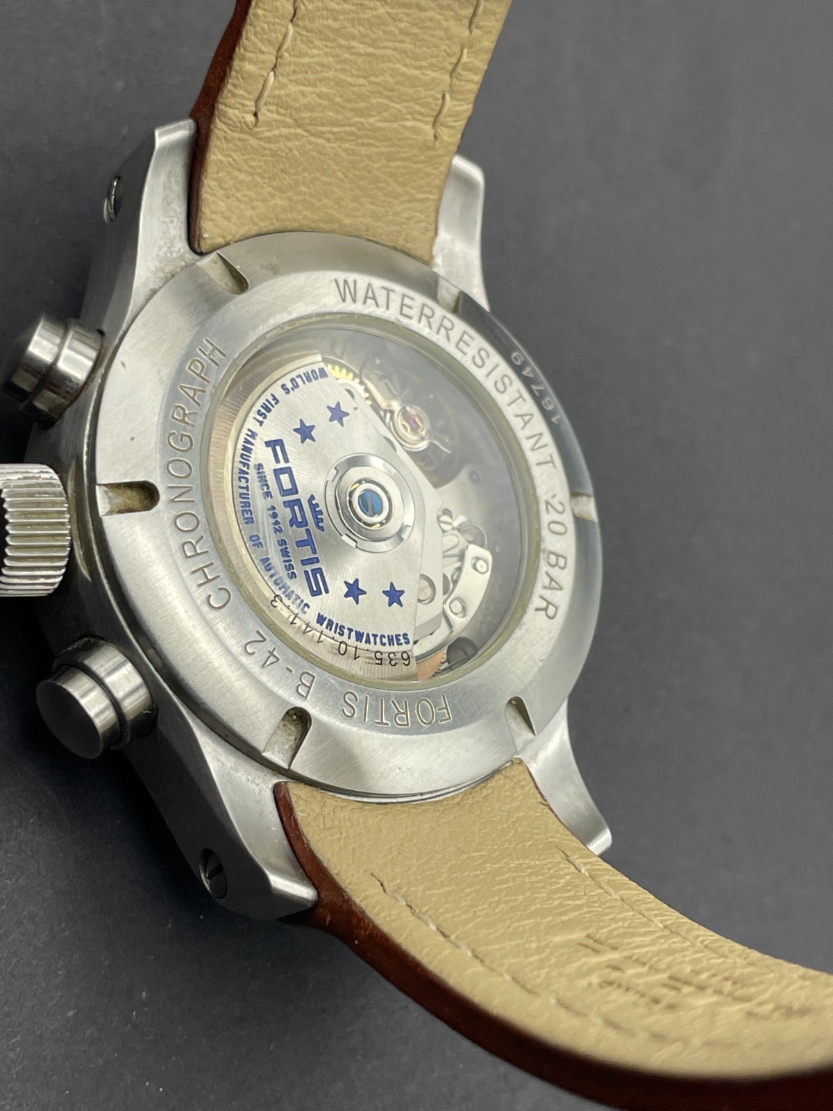 Fortis Pilot B42 Valjoux 7750 Chronograph Watch Black Dial Brown Strap $2895