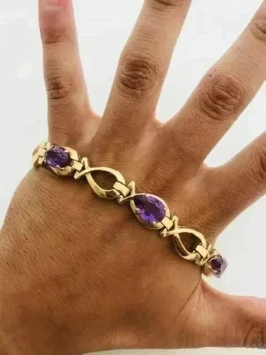 6.00CT Pear Lab Created Amethyst Women’s Tennis Bracelet 14K Yellow Gold Finish