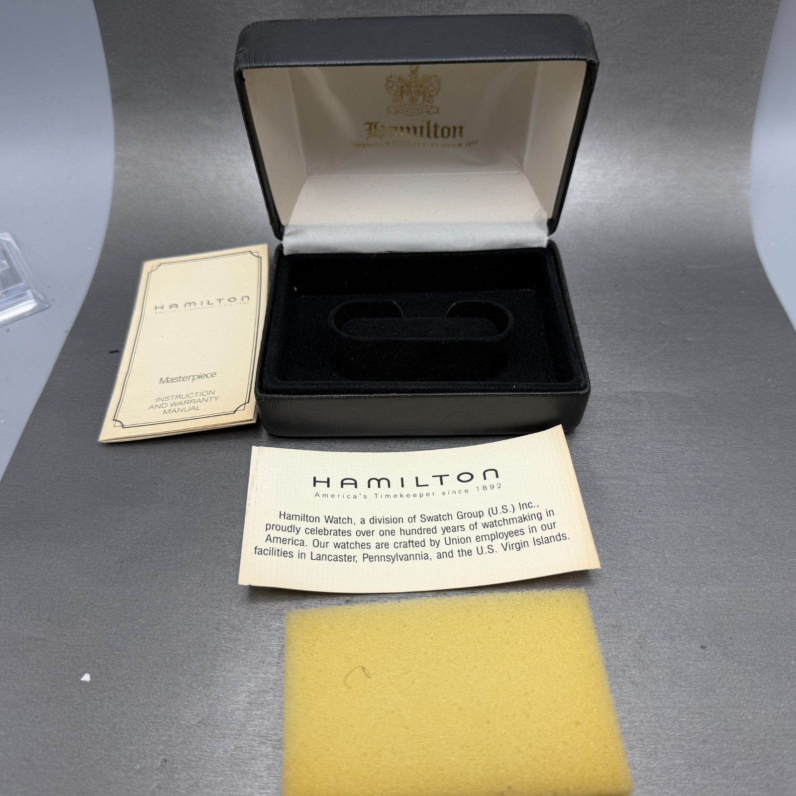 Hamilton Presentation Watch Box Case Black Cream W/Manuals Vintage Masterpiece