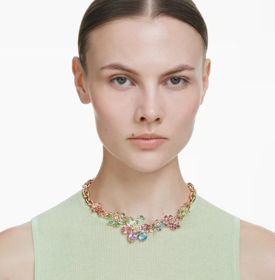 Swarovski Idyllia necklace Mixed cuts, Flower, Multicolored, Gold-tone plated