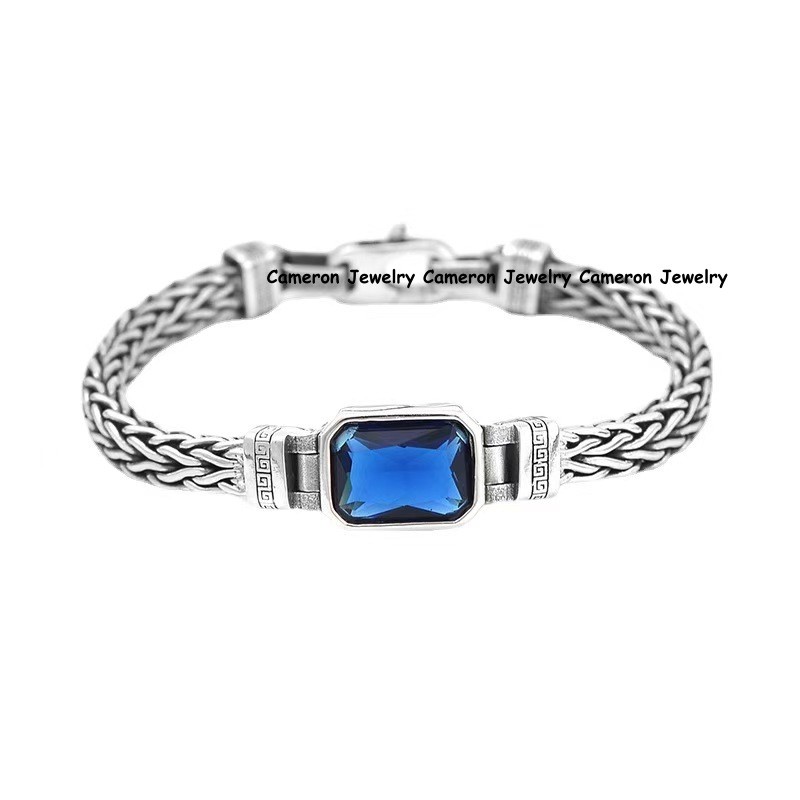 Pure S925 Sterling Silver Braided Wheat Bracelet With Blue Sapphire 7.1-8.7inch