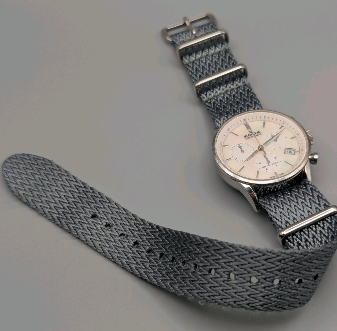 Edox Les Vauberts Quartz Chronograph. Mother Of Pearl Dial. ZuluDiver NATO Strap