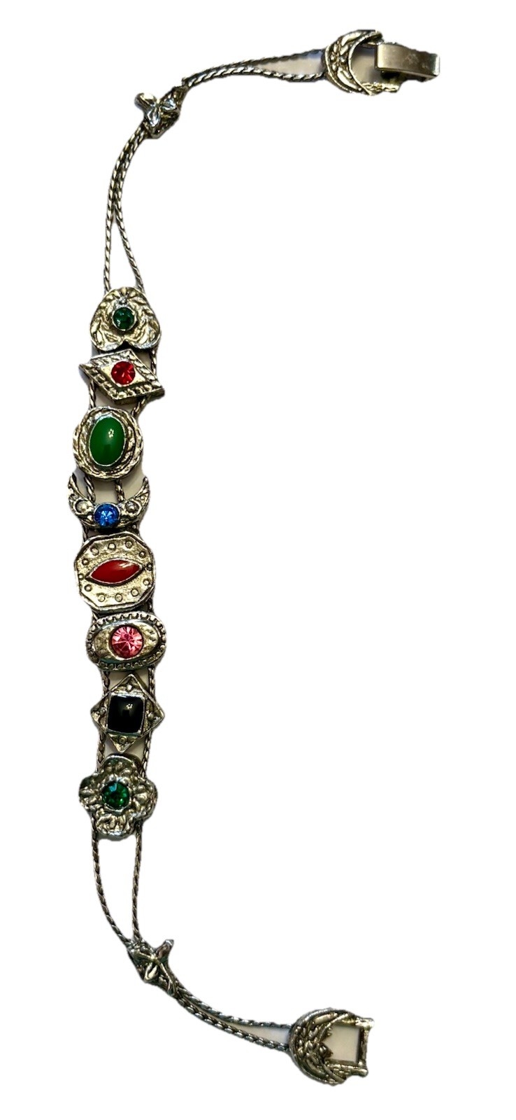 VTG Victorian Revival Slider Charm Bracelet Silvertone Rhinestones Enamel 7 1/4″