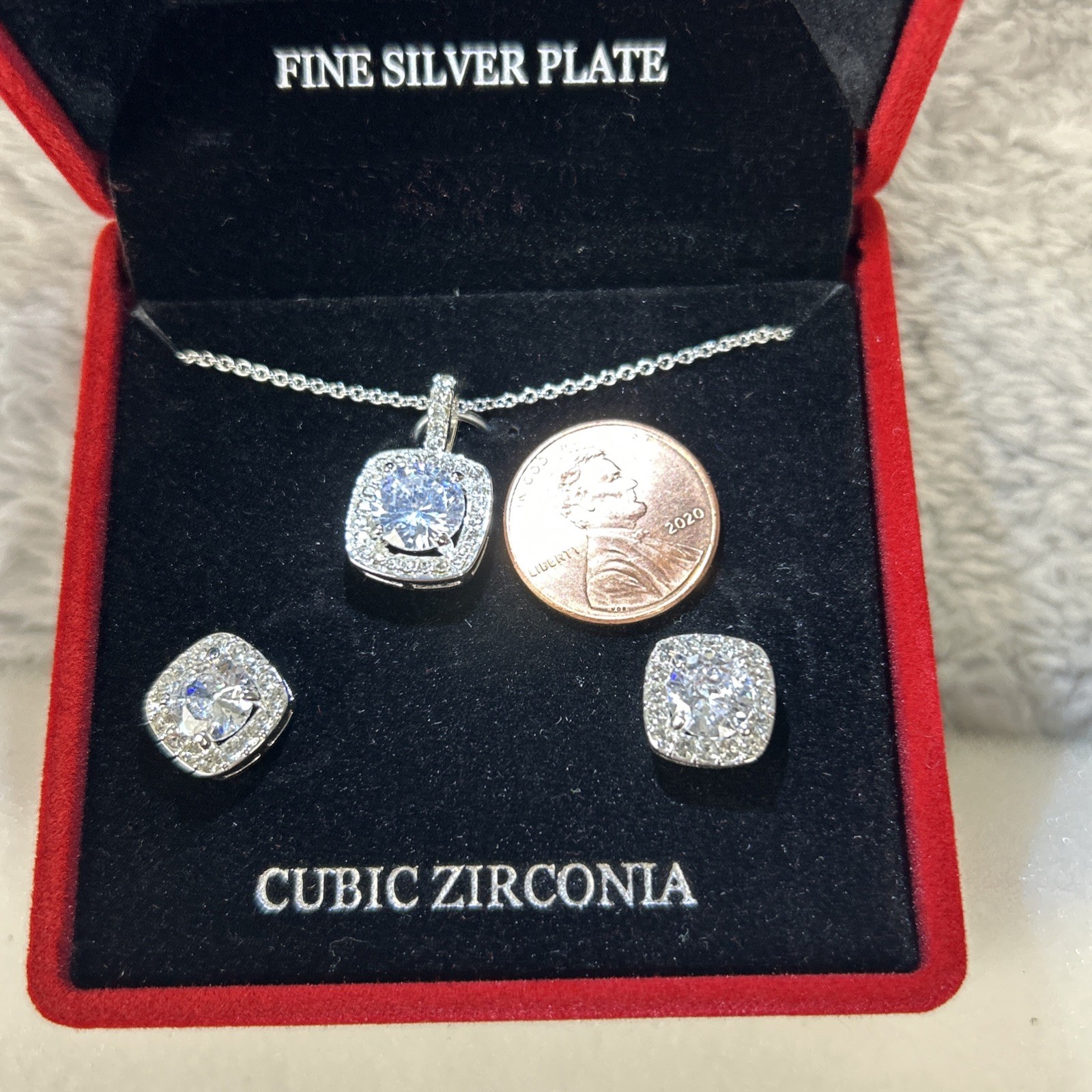 New Sparkle Allure Fine Silver Plate Cubic Zirconia Set Necklace and Earrings