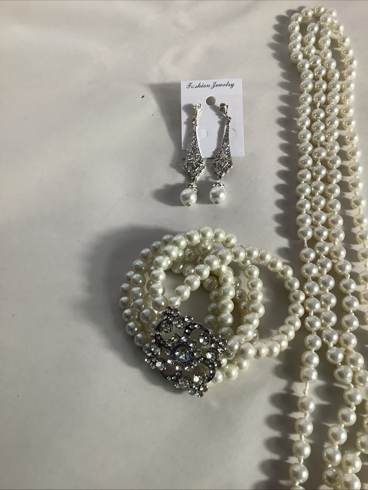 Costume Pearl 30 In Necklace, 7 -8 Inch Bracelet And Drop Earrings
