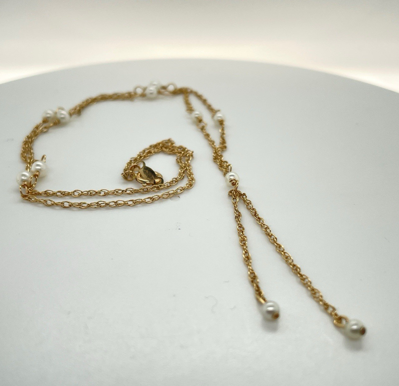 14k Yellow Gold Round Pearl Y Necklace 16 1/4” – 2 Grams