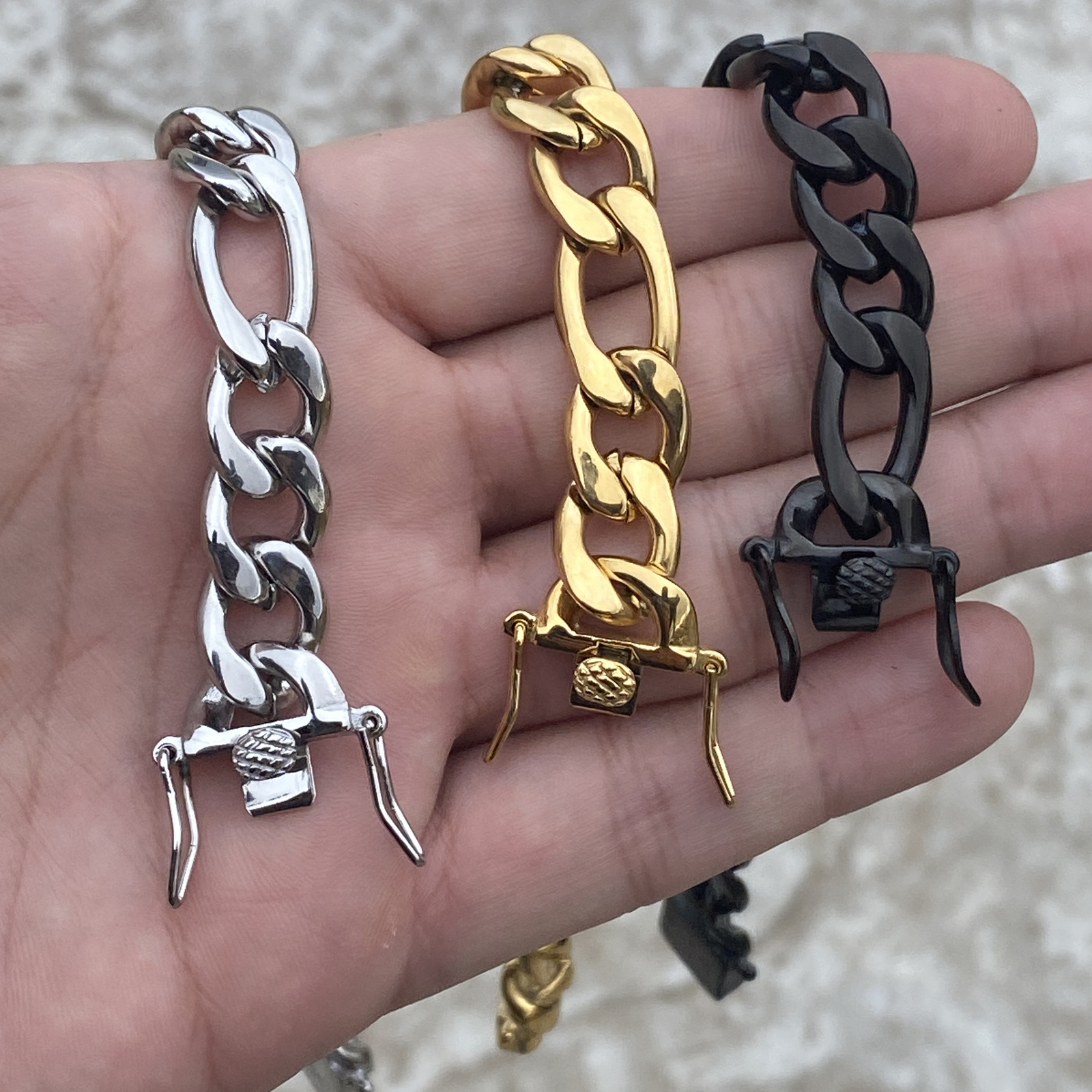 Stainless Steel Figaro Bracelet 24k Gold Plated, Silver, or Black 8.5″ 12 MM