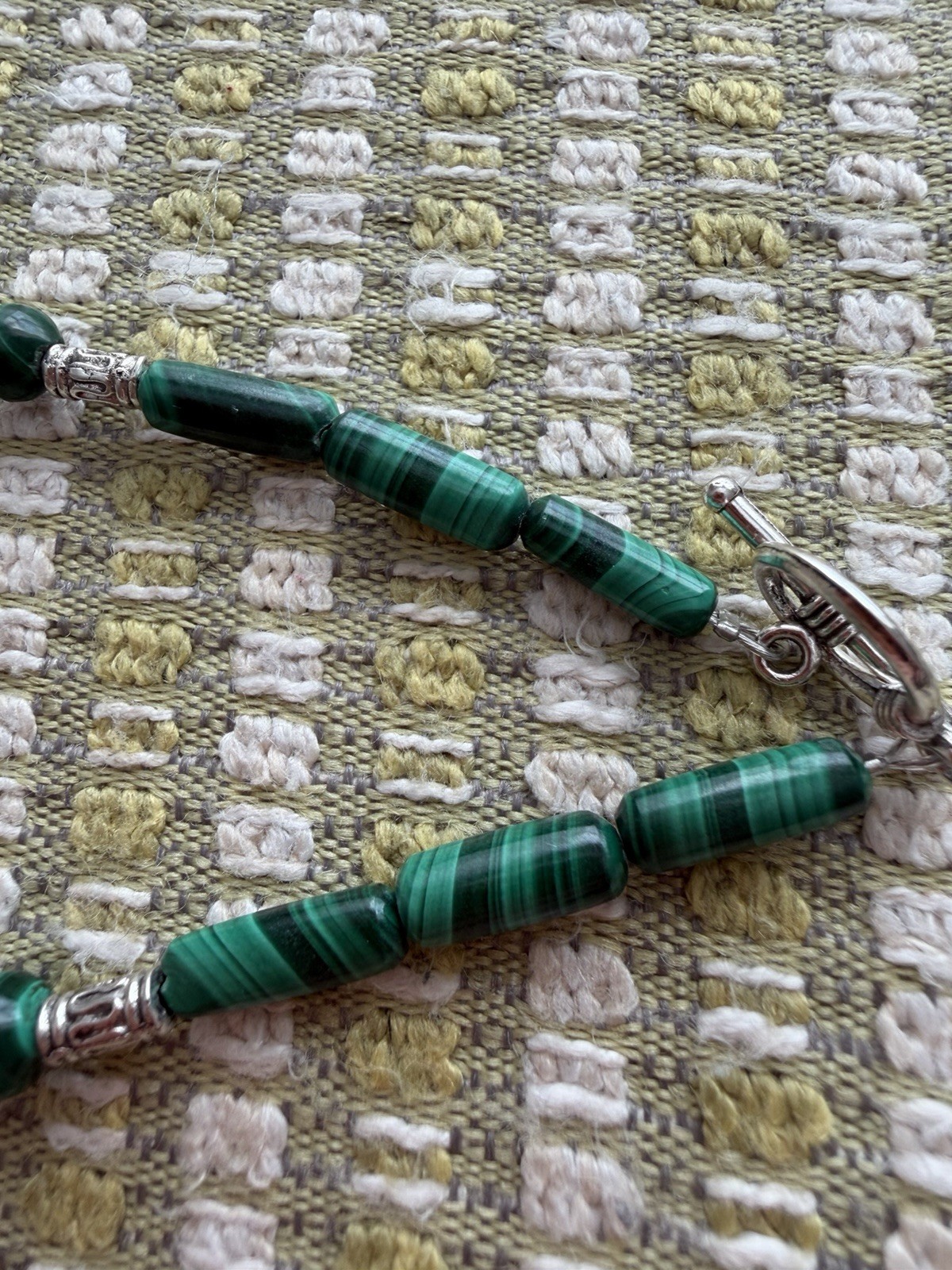 Malachite Tube Necklace with silver plated accents w/Toggle Clasp 24 inch long
