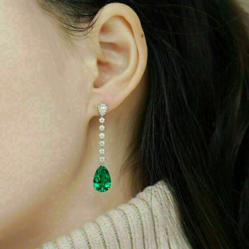 2.00 Ct Pear Cut Lab Created Green Emerald Drop Earrings 14K White Gold Finish