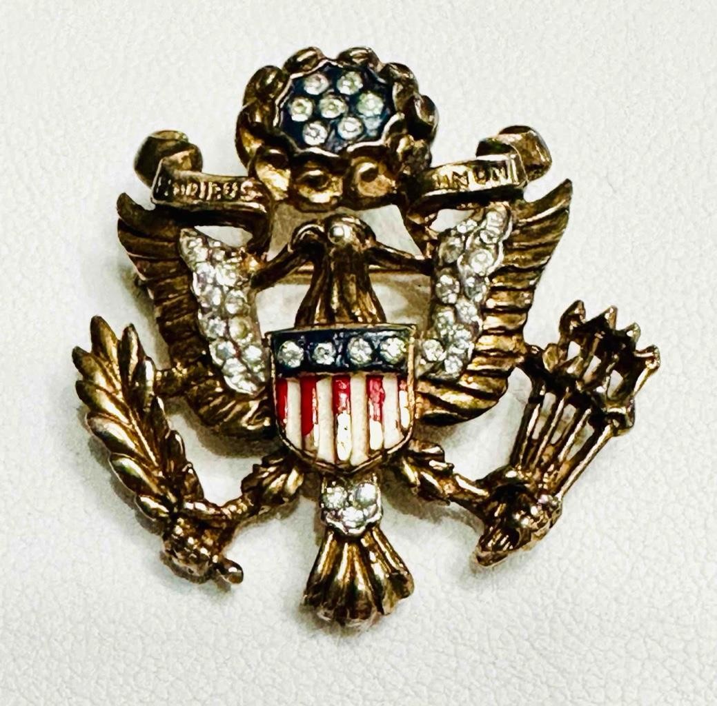 Vtg. Philippe Crown Trifari US Eagle Seal / Insignia Rhinestone Gold Tone Brooch