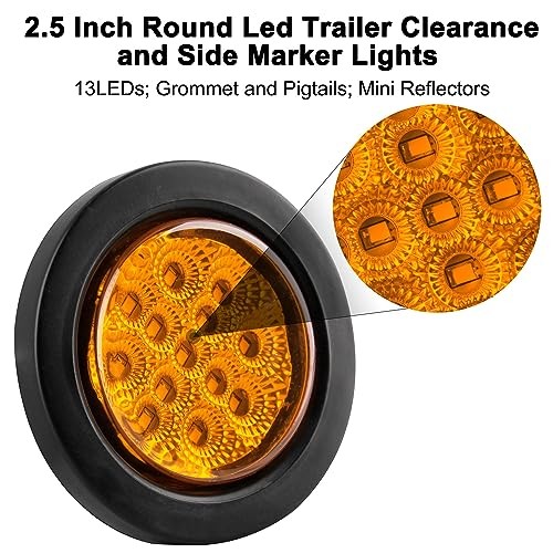 Konrali 2.5″ Round LED Marker Lights 13 LEDs w/Reflectors, 5 Amber + 5 Red 2