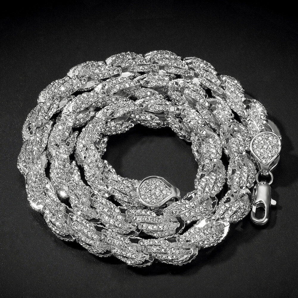 9mm White Gold Plated Iced Out CZ Rope Chain Bracelet Necklace Hip Hop Jewelry