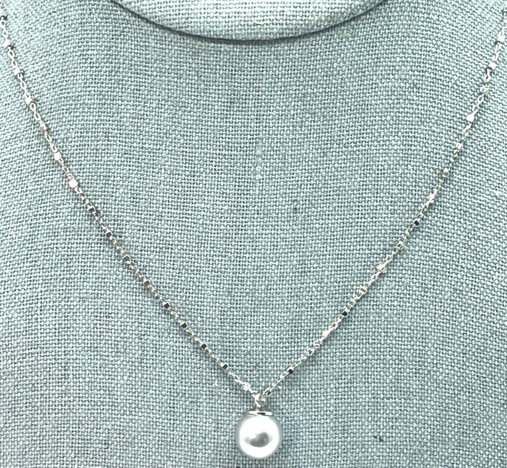 Necklace Silver Tone Patterned Chain w/Silver Cultured Pearl 16″ + 2″ Extension
