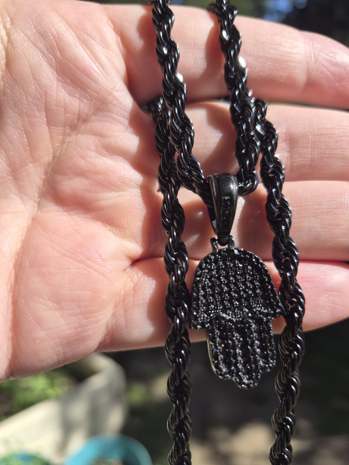 Hamsa Black Stainless Steel Rhodium 20in Twisted Rope Necklace Hamsa Pendant