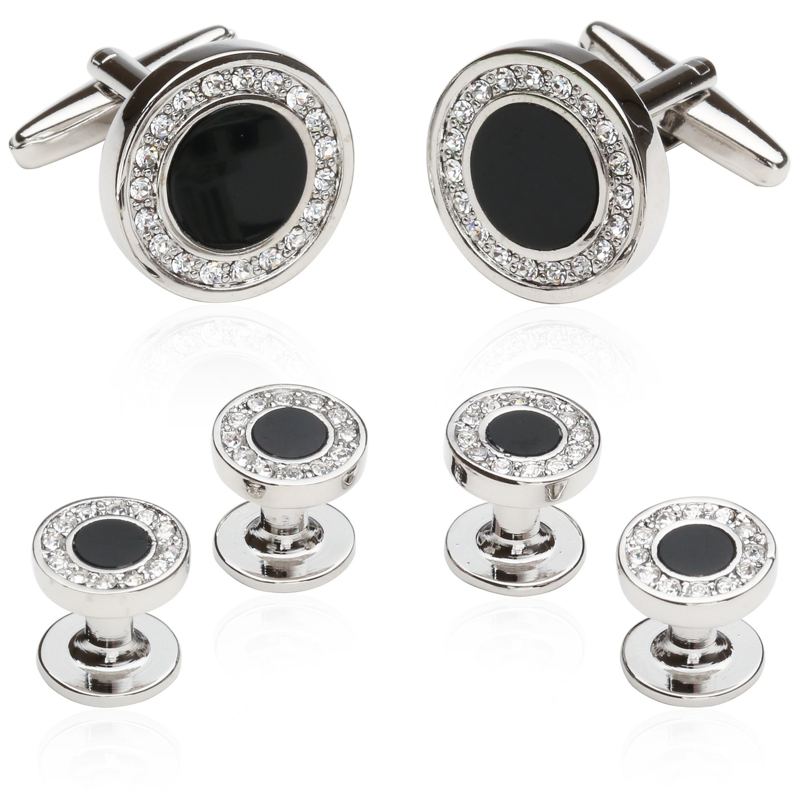 Black Onyx and Crystal Silver Cufflinks and Studs Formal Set with Travel