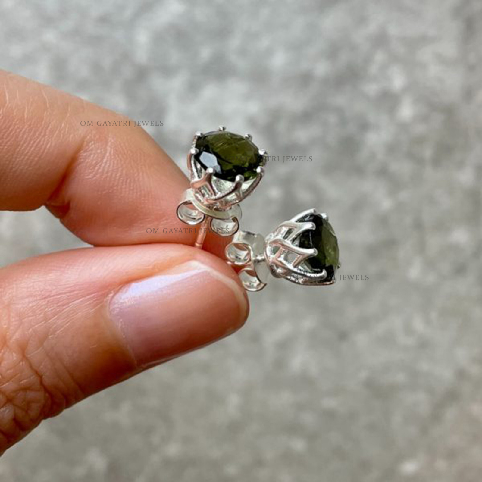 Natural Czech Cut Moldavite Stud Earrings 925 Streling Silver Handmade Jewelry
