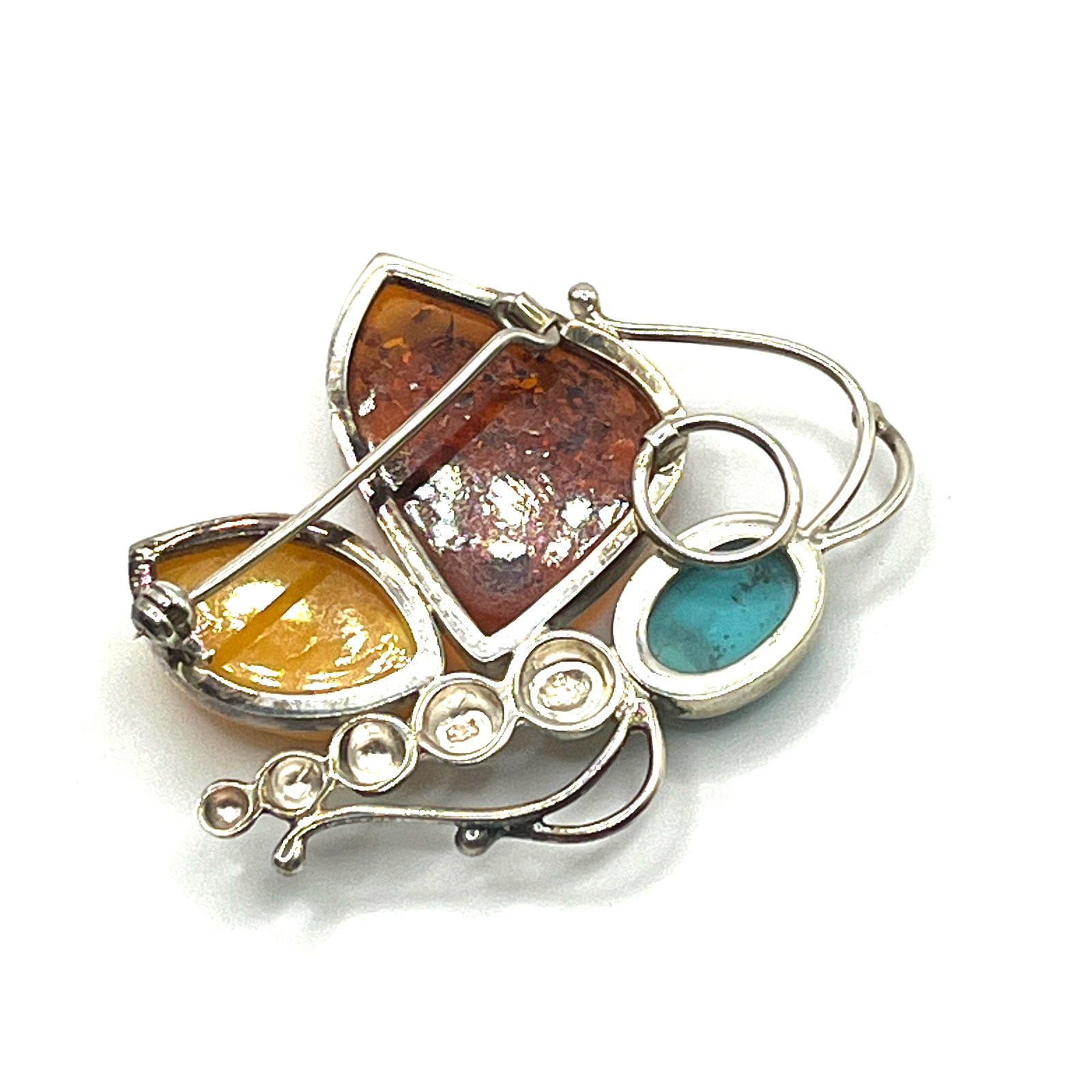 Brooch Valerio V8 Poland Baltic Amber Turquoise Butterfly 80s VTG Sterling 925