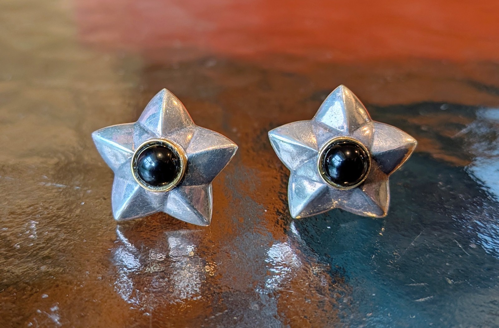 Tiffany & Co. Sterling Silver And Black Onyx Clip Earrings Gold Bezel Antique