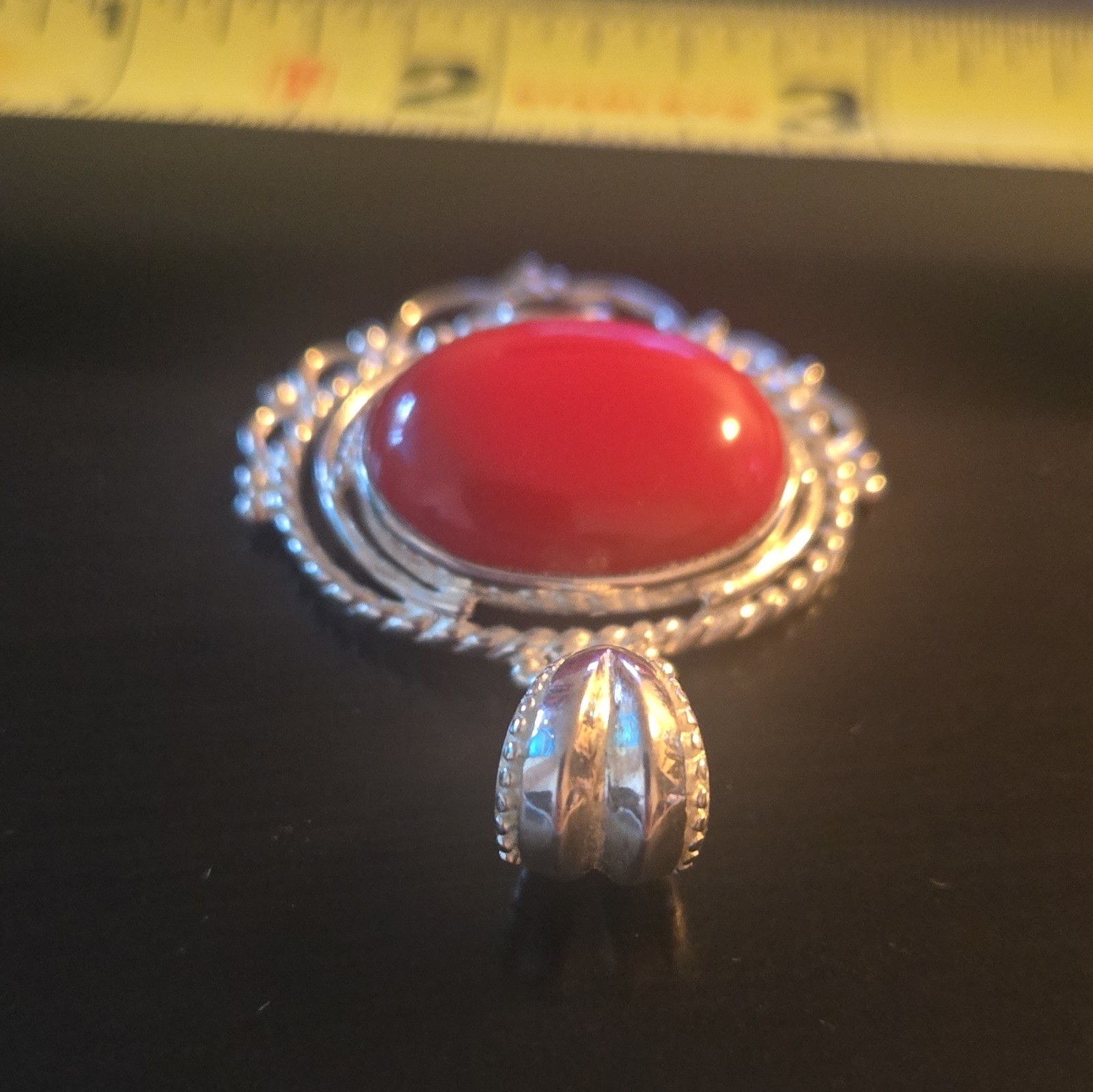 Red Oval Coral Cabochon Pendant in Silver Bezel Setting, Filigree Style