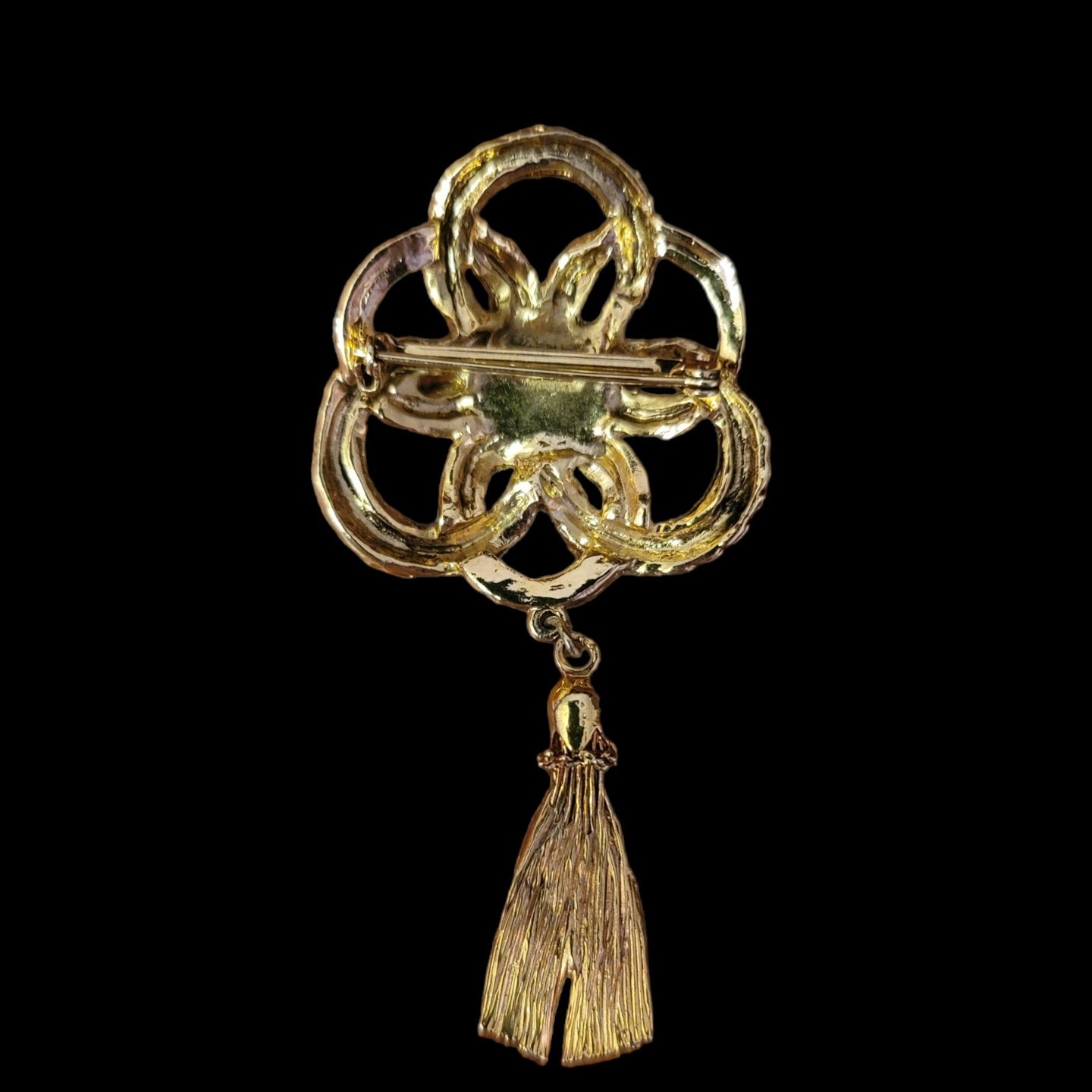 Vintage Rope and Tassel Brooch Pin Red Pink Stone 3.5 Inches Long Gold Tone