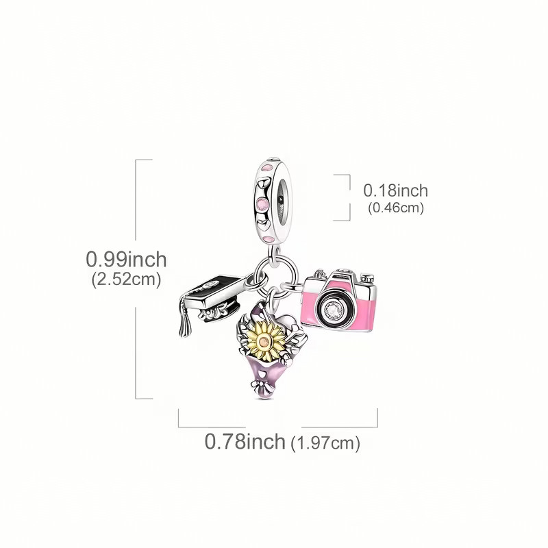 MariaFonte Charm Graduation Hat Flowers Photo Capture Life 925 Silver Compatible