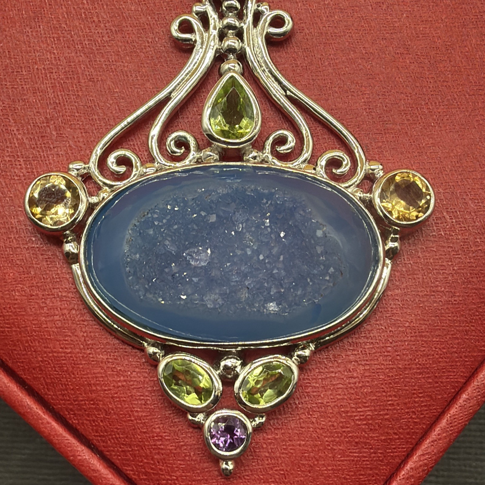 NF Stamped Thailand 925 Large Blue Druzy And Other Gemstone Pendant 3.3”!