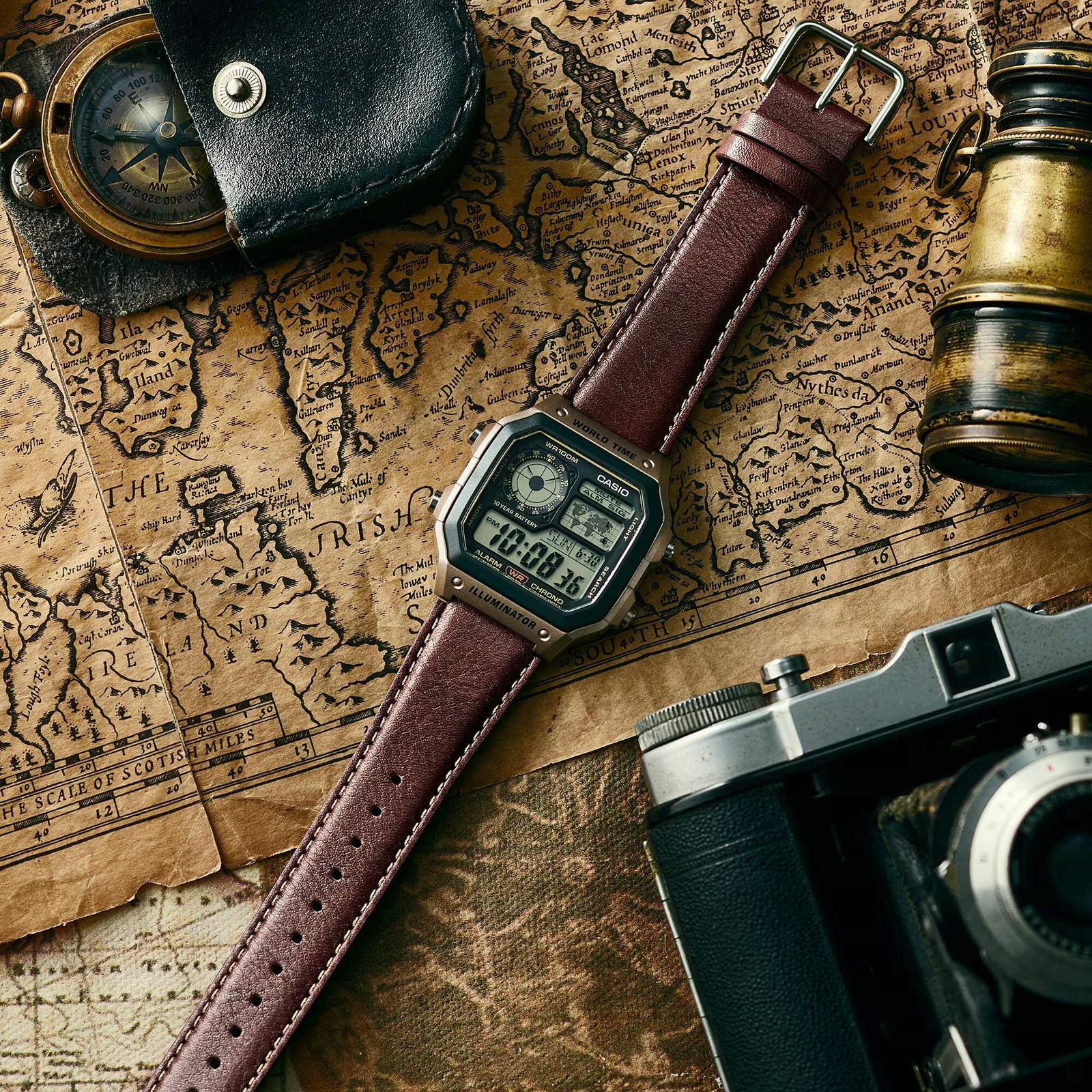 CASIO AE-1200WHL-5AV AE-1200WHL-5A LEATHER BAND METALLIC DIGITAL WATCH