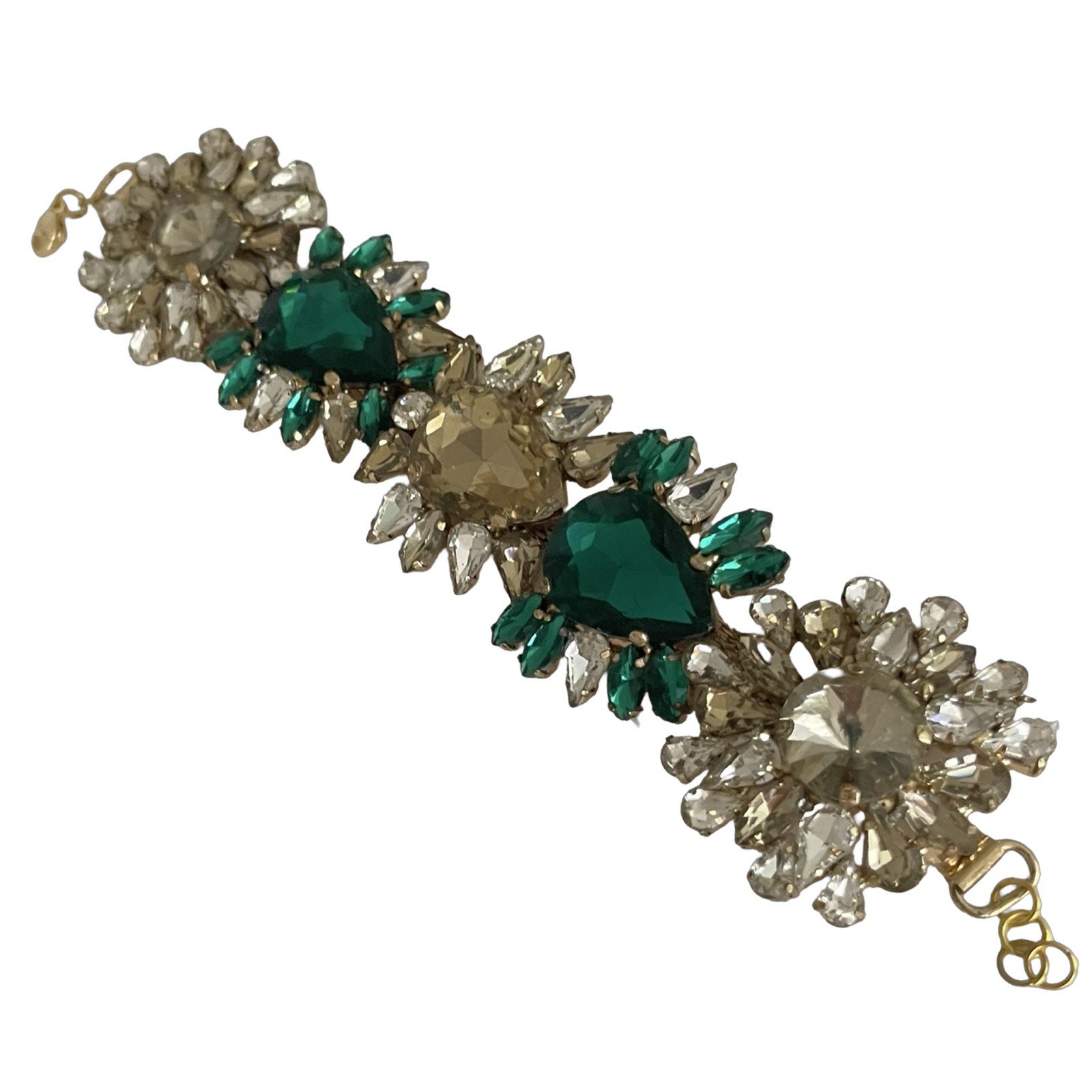 Vtg Rhinestone Bracelet Green Yellow White Gold Stunning Large Design 8” Adj
