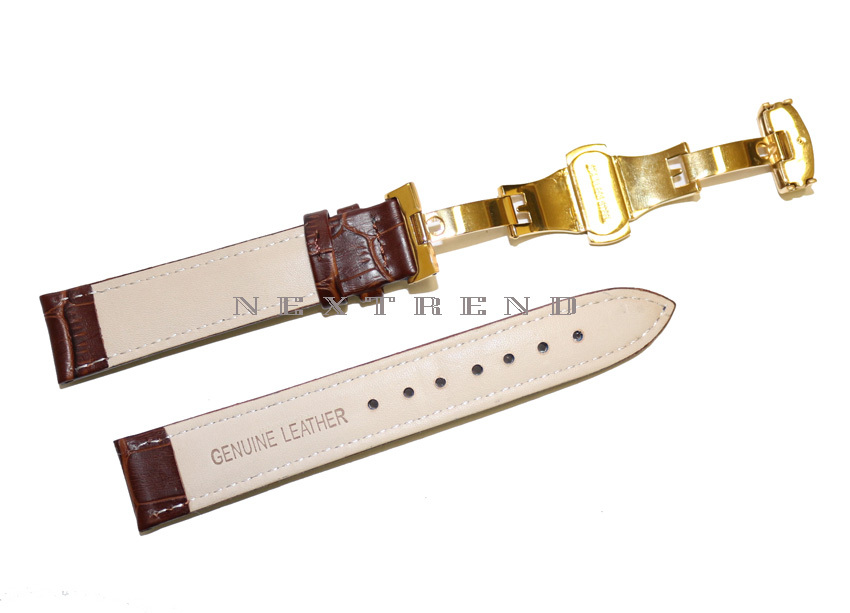 Brown Genuine Leather Watch Band+Push Button Butterfly Deployant Clasp Buckle
