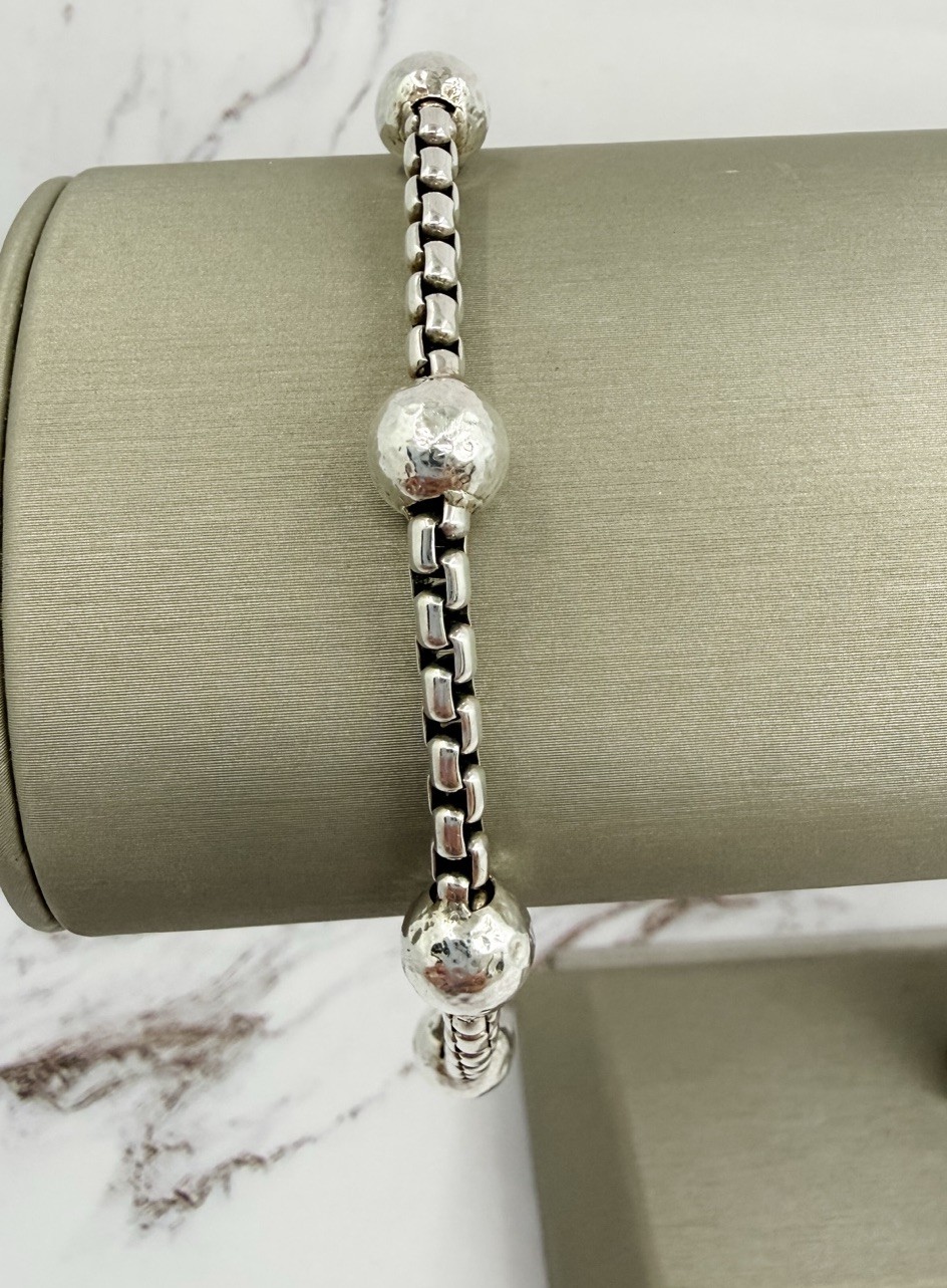 JAI John Hardy 925 SterlingSilver Hammered Ball Station BoxChain Bracelet 8” 15g