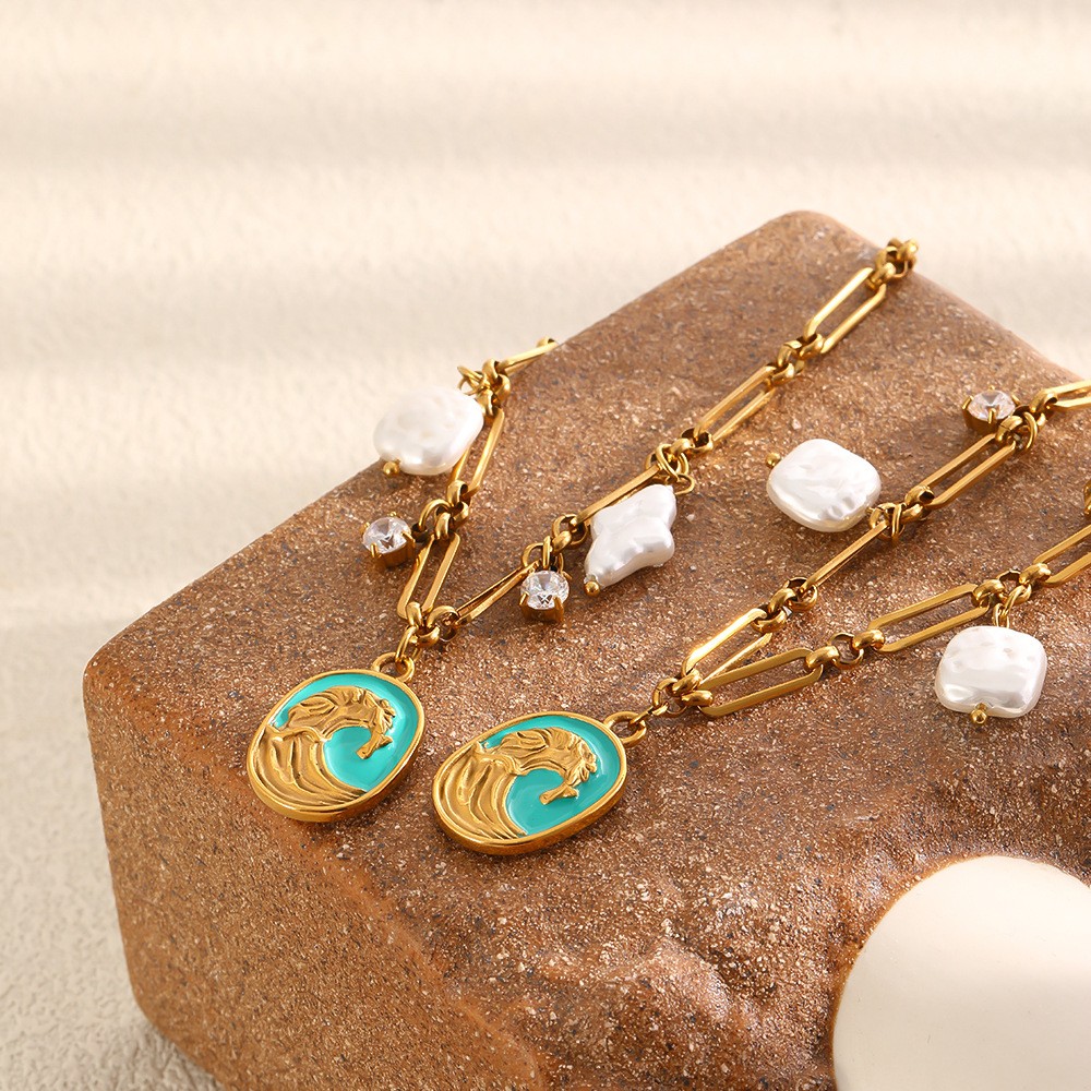 18K Gold Plated French style Wave Enamel Imitation Pearl Bracelet Necklace Set