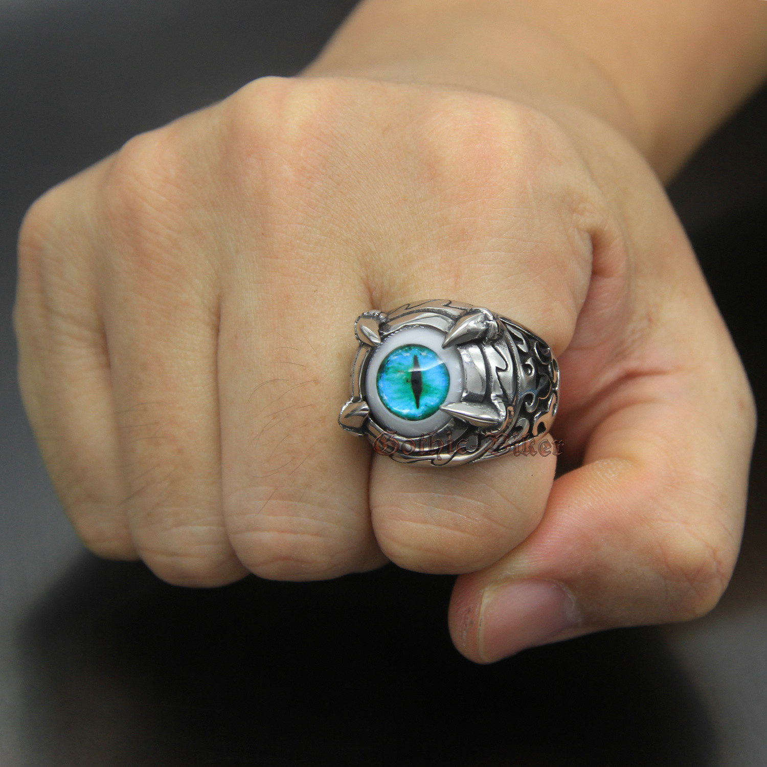 Men’s Gothic Biker Skull Skeleton Claw Turquoise Cat Eye Stainless Steel Ring