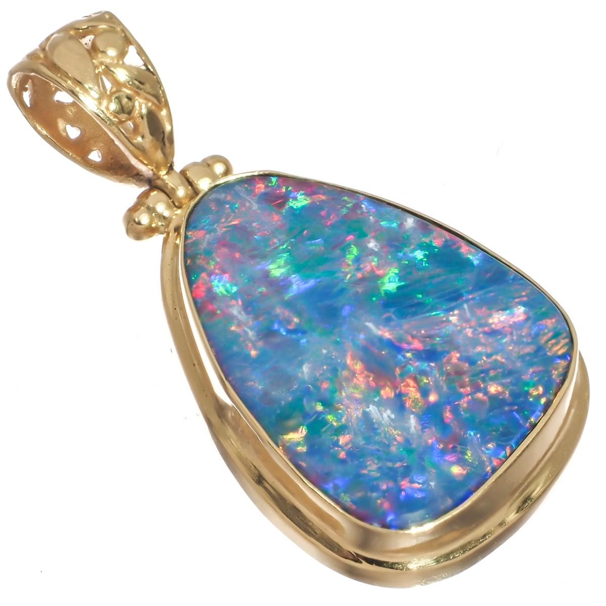 925 Silver Big Multi-color Australian Opal Vermeil Gold Plated Pendant, 1 3/8″