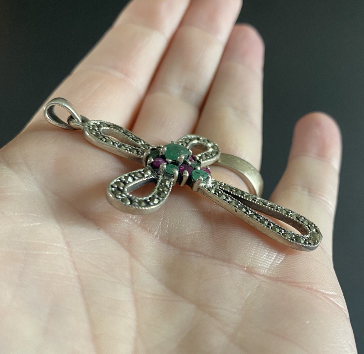 Sterling Silver Cross Pendant Large 925 Emerald Ruby Marcasite Gothic Religious