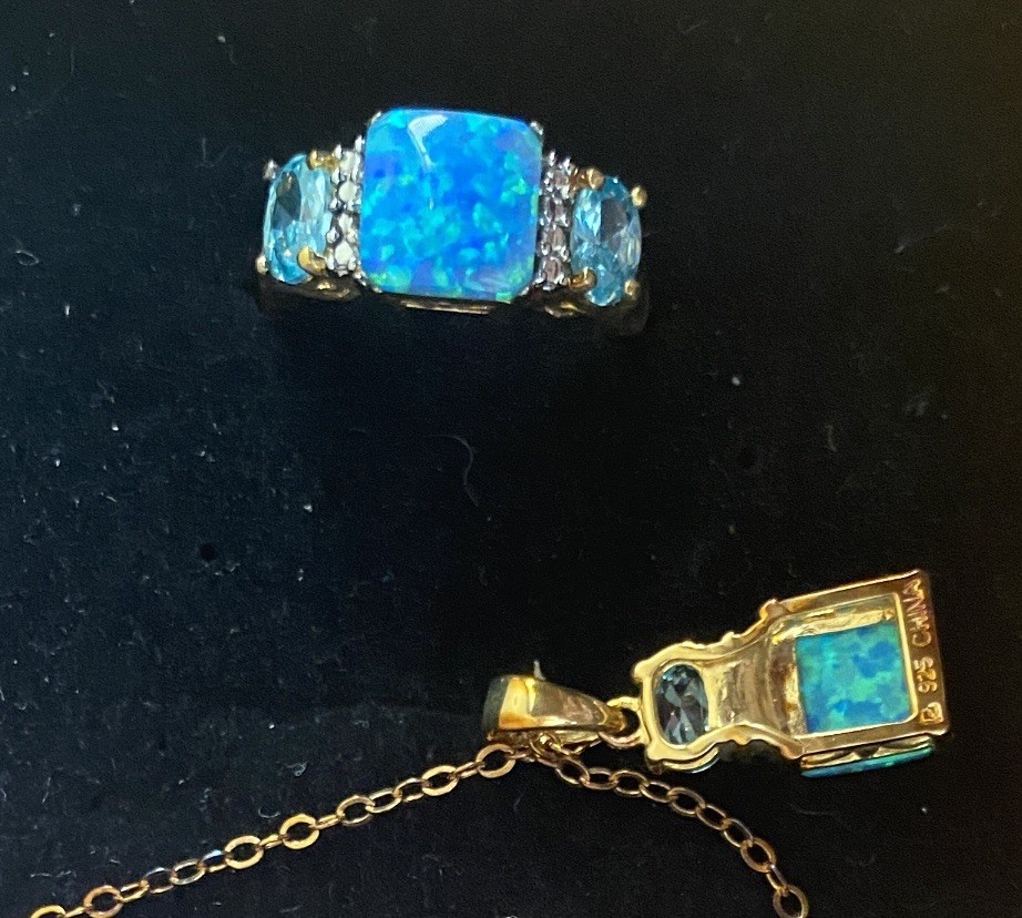 New TECHNIBOND Blue Lab Opal Topaz White CZ Necklace Ring Set HSN Lot