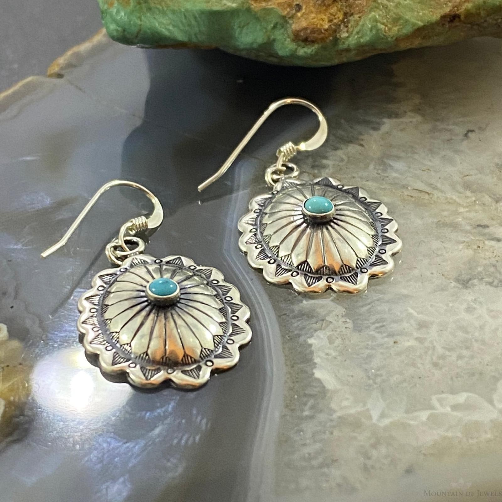 Native American Sterling Turquoise Dot Stamped Concho Dangle Earrings For Women
