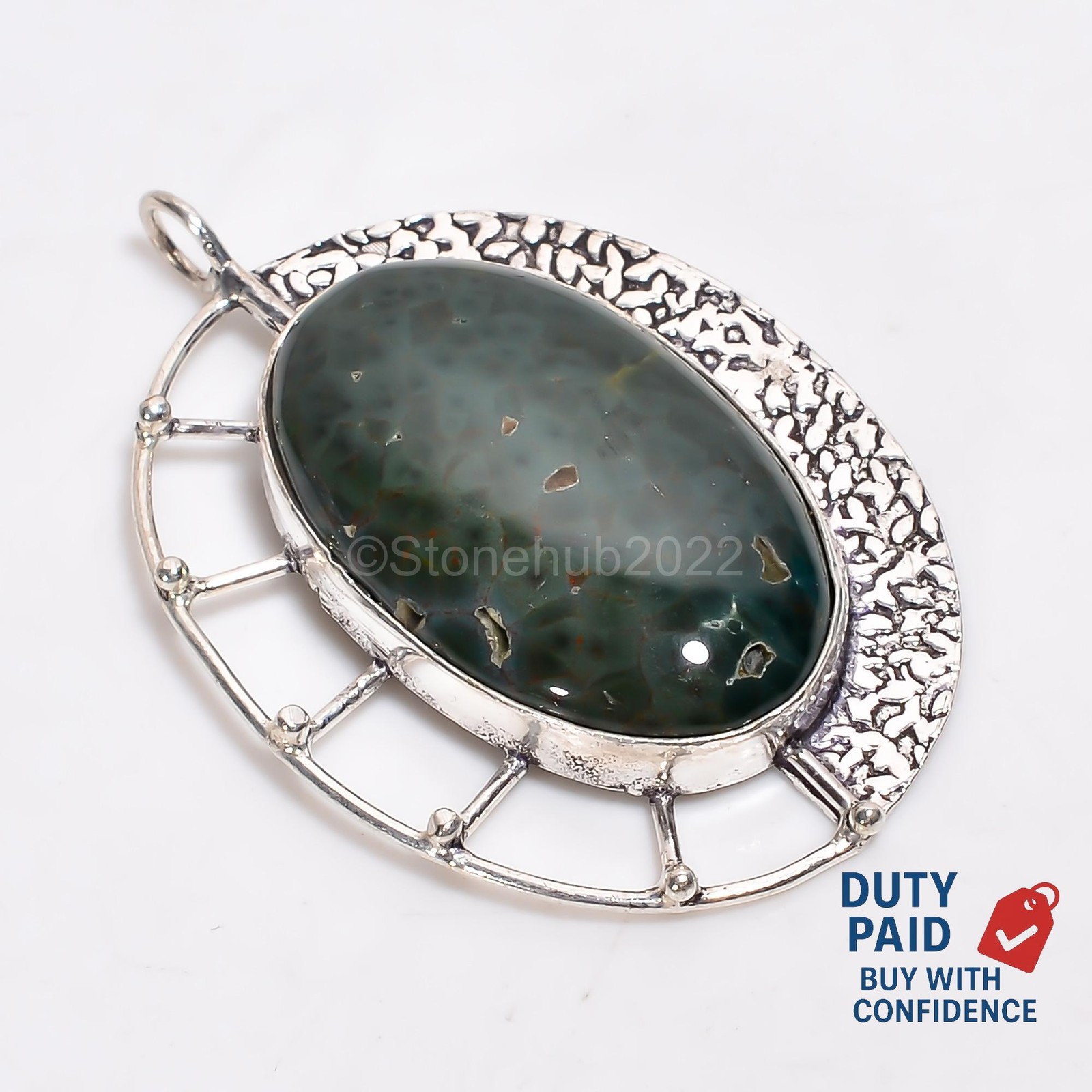 Oval Genuine Ocean Jasper Channel Set Mother Wedding Pendant Jewelry 925 Silver