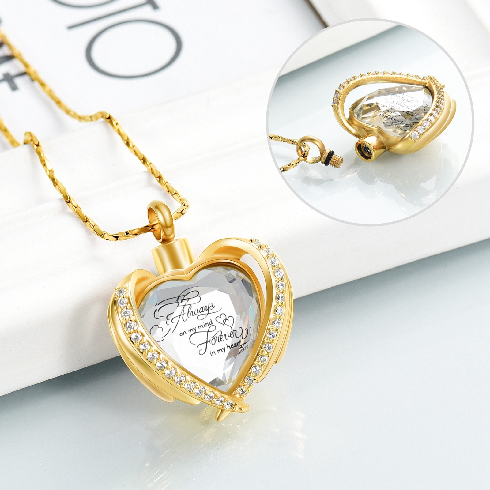 Angel Wings Cremation Jewelry for Ashes Pendant – Crystal Heart Ash Urn Necklace