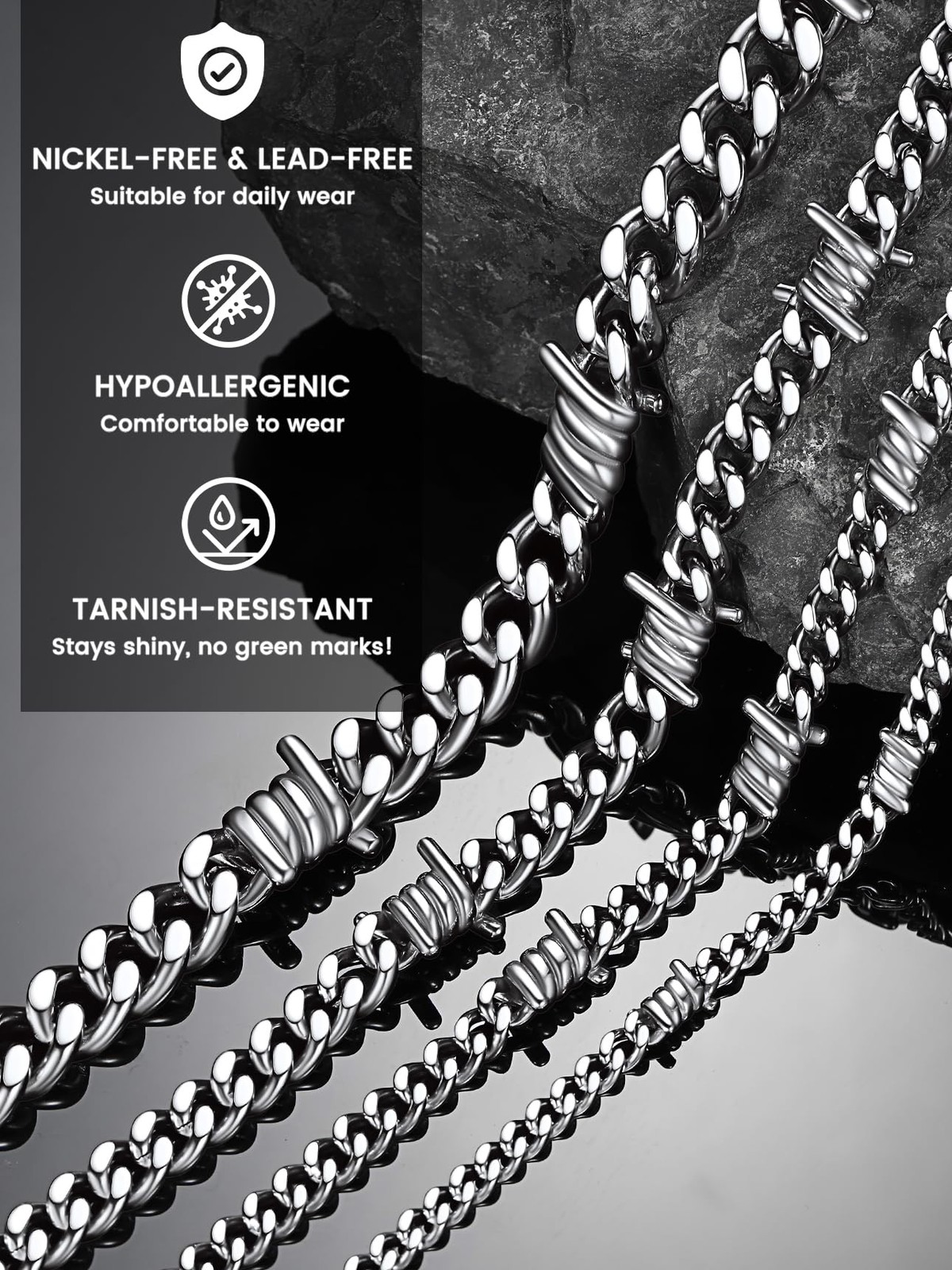 Stainless Steel Barbed Wire Necklace 9mm Thick Heavy 18 inches, a. 9mm-Silver