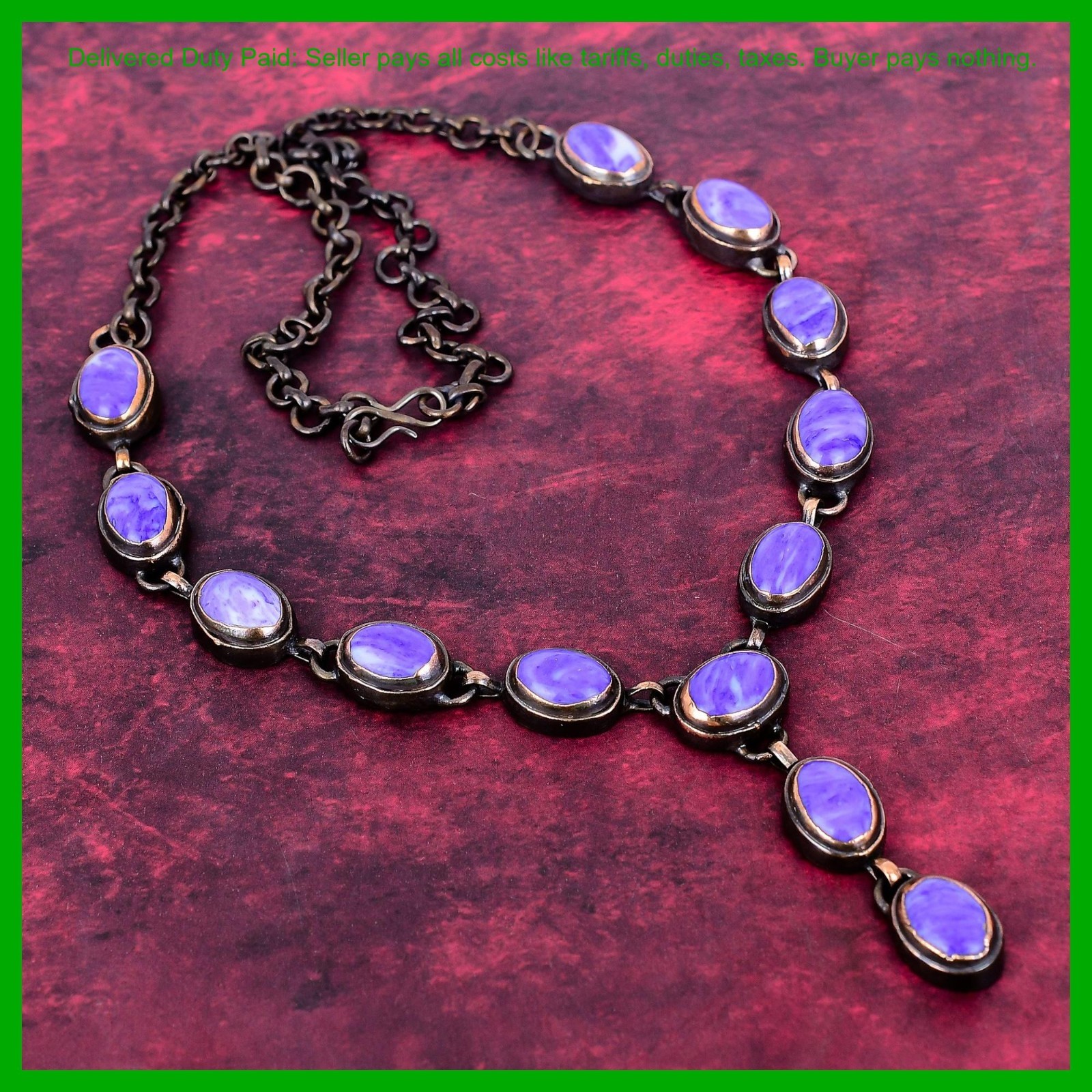 Valentines Sale Charoite Stone Electroformed Bezel Chain Necklace Jewelry Copper
