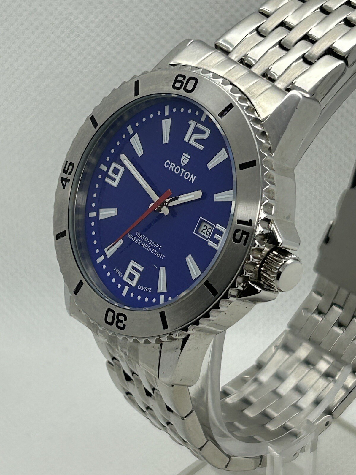 Japan Croton Aquamatic CA301288 WR 10ATM Blue Dial Silver Bezel Date Watch, 44mm