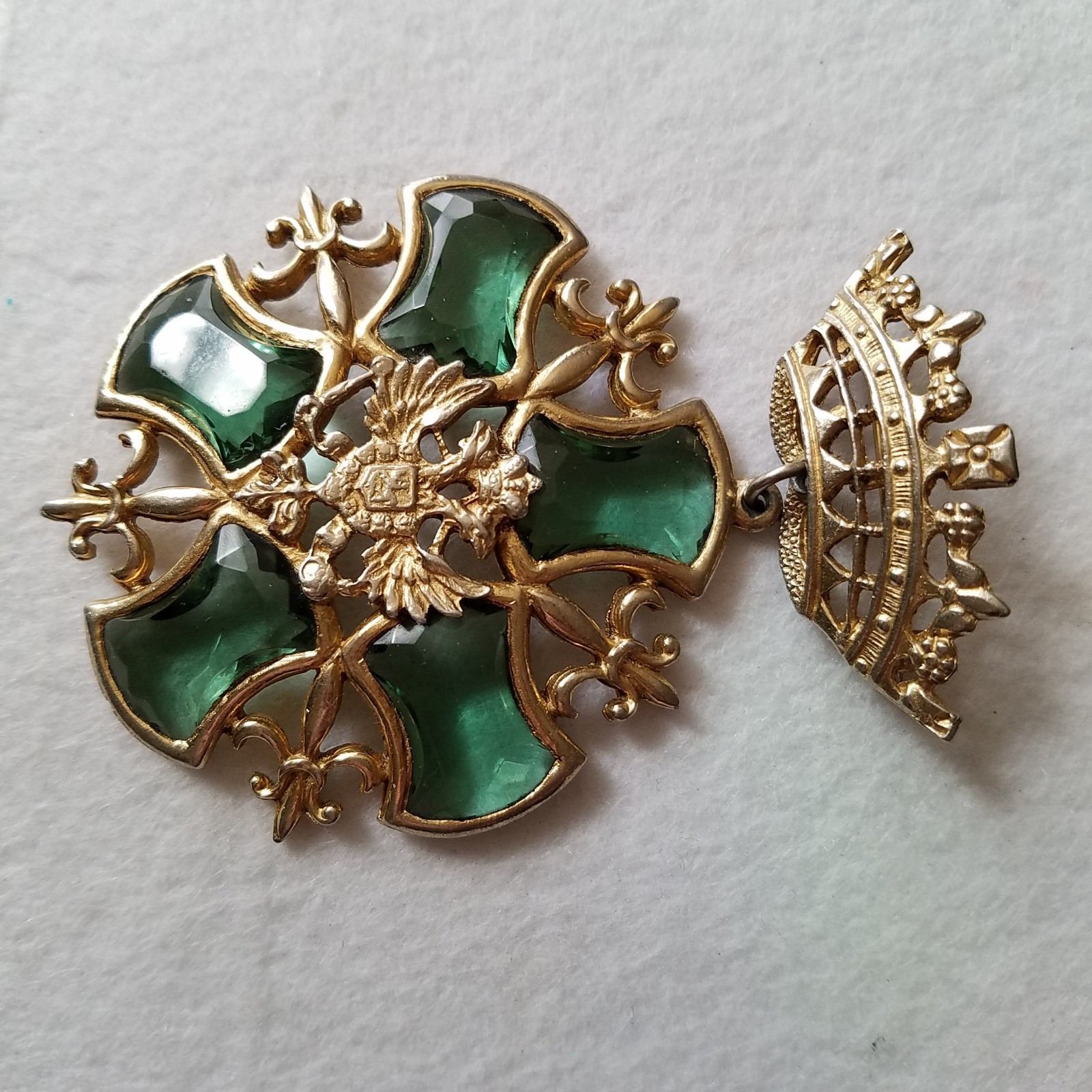 Vintage Crown Doubled-Headed Eagle Shield Green Rhinestone Fleur de Lis Brooch