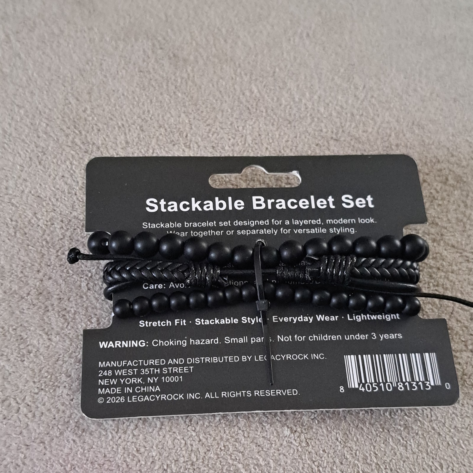 Black Stackable Beaded Wrap Cord Bracelets Slide Stretch Peace