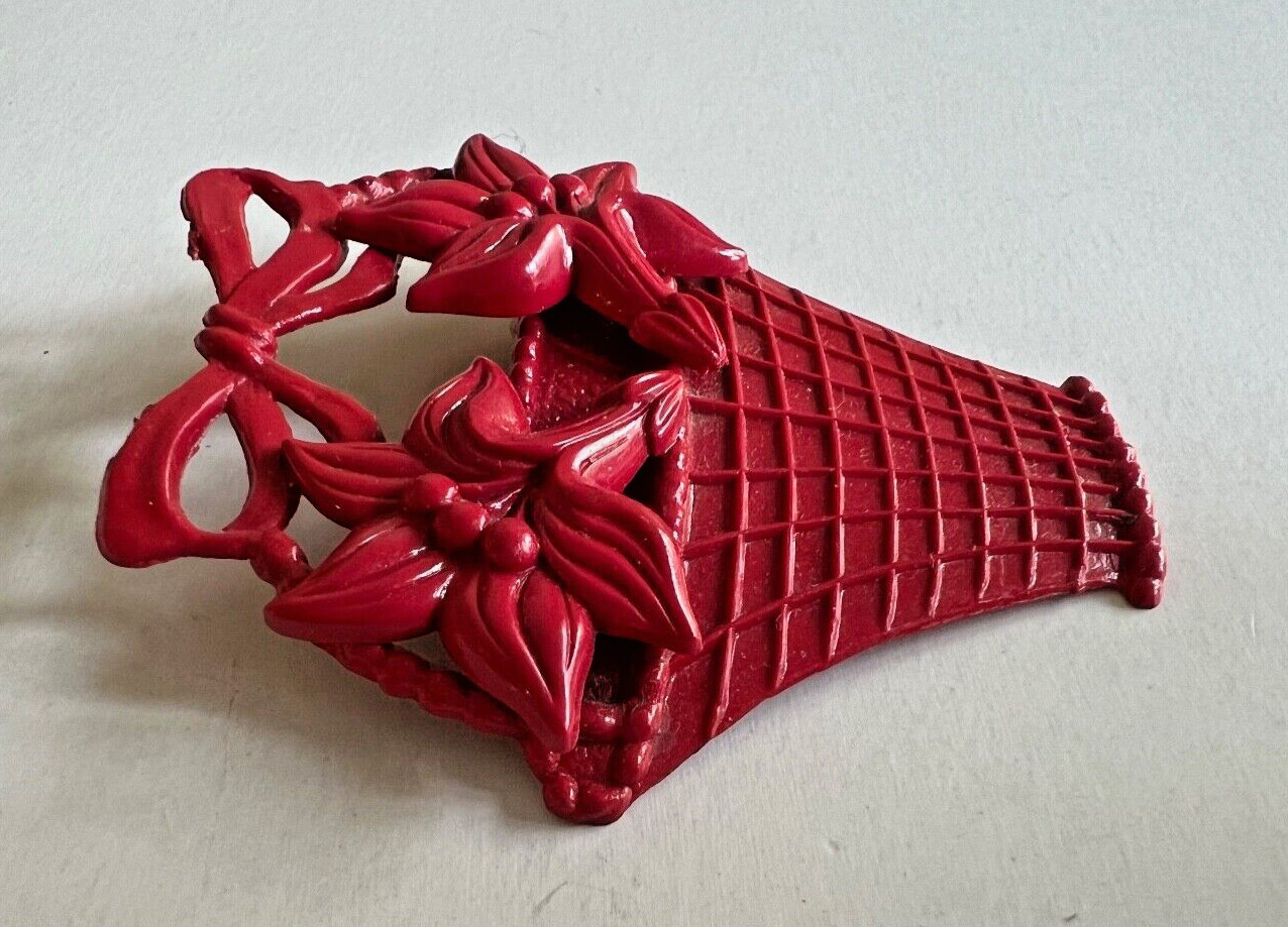 RED Plastic Resin FLOWER BASKET with Bow Brooch Pin, Vintage Floral Rockabilly