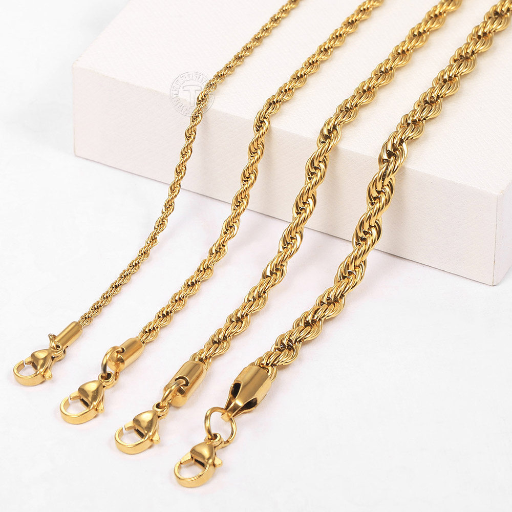 2/3/4/5/7/9mm Gold Plated Stainless Steel Rope Chain Bracelet or Necklace Unisex