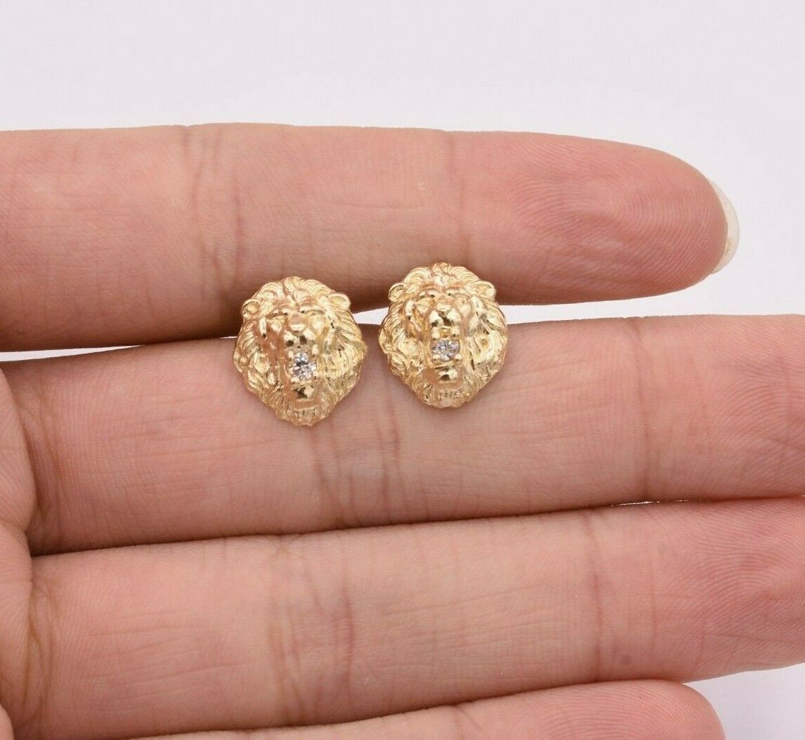 Roaring Lion Head CZ Stud Earrings Real Solid 10K Yellow Gold 2.00 grams