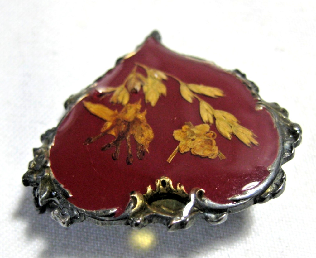 Brooch Pin Silver with Red & Clear Enamel Encased Plant Material 1 1/8″