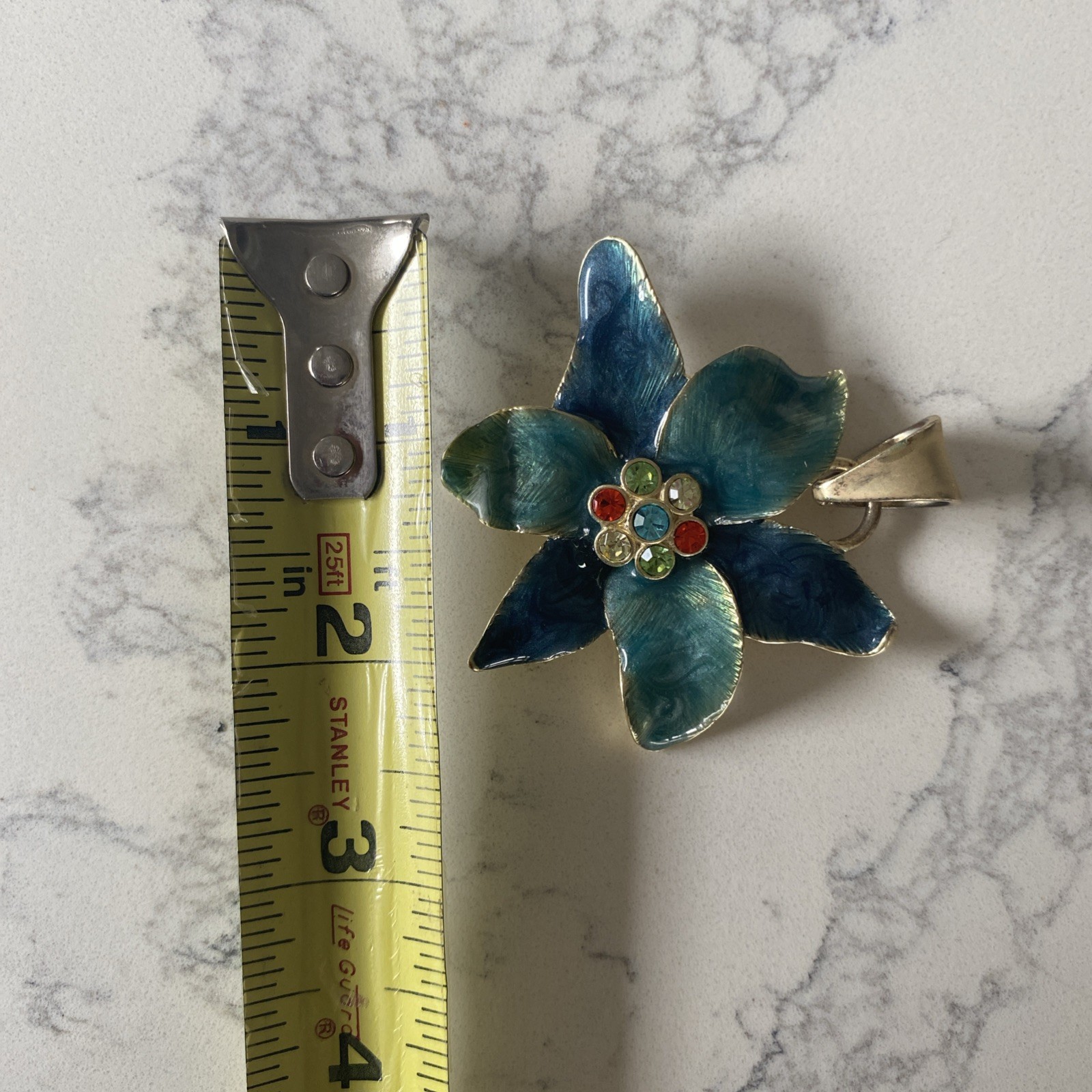 Vtg Enamel Flower Pendant – Blue Green – Gold Tone Back 7 multi color crystals