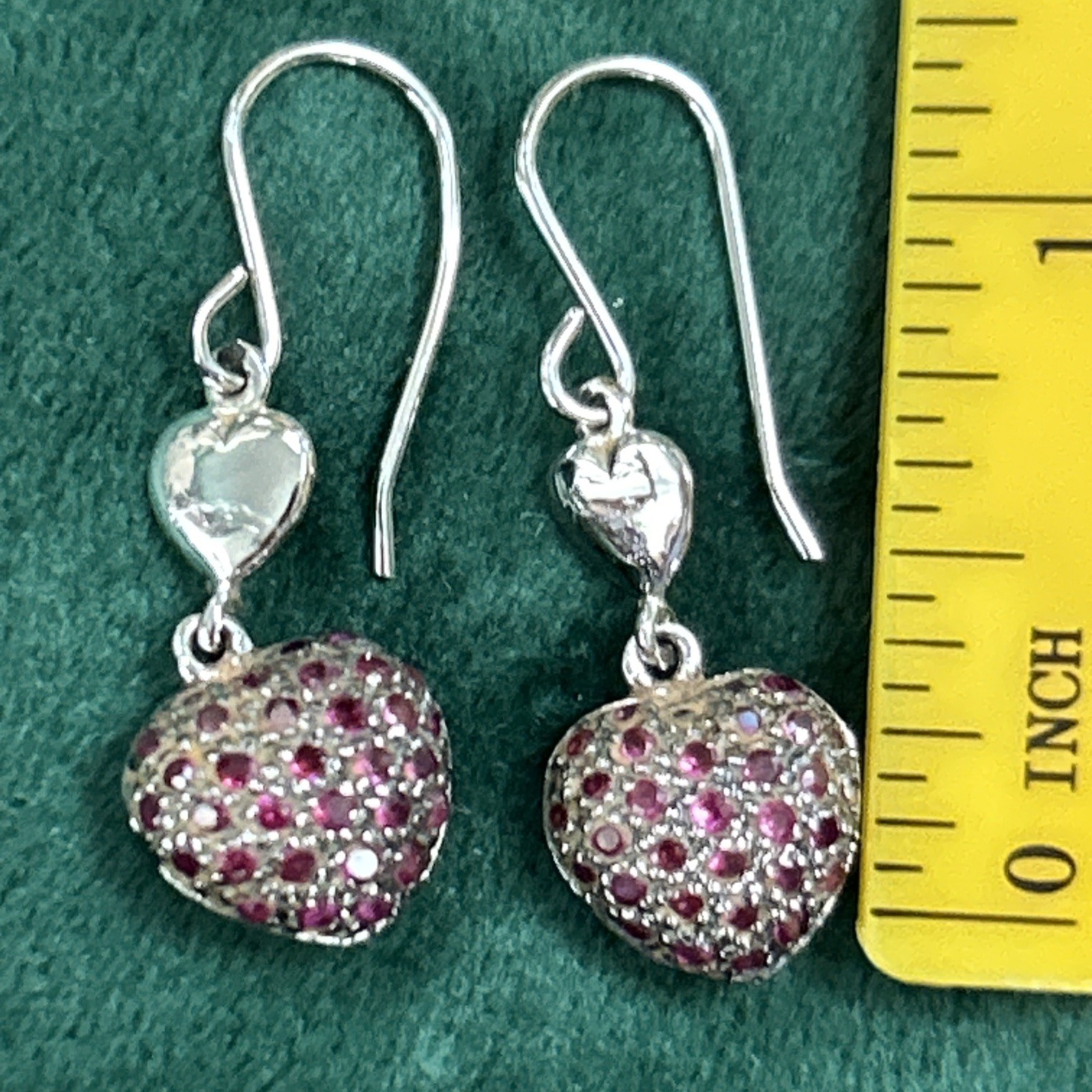 VTG OTC 925 Sterling Silver lab created Ruby Puffy Heart Pave Earrings 1.25” 4g