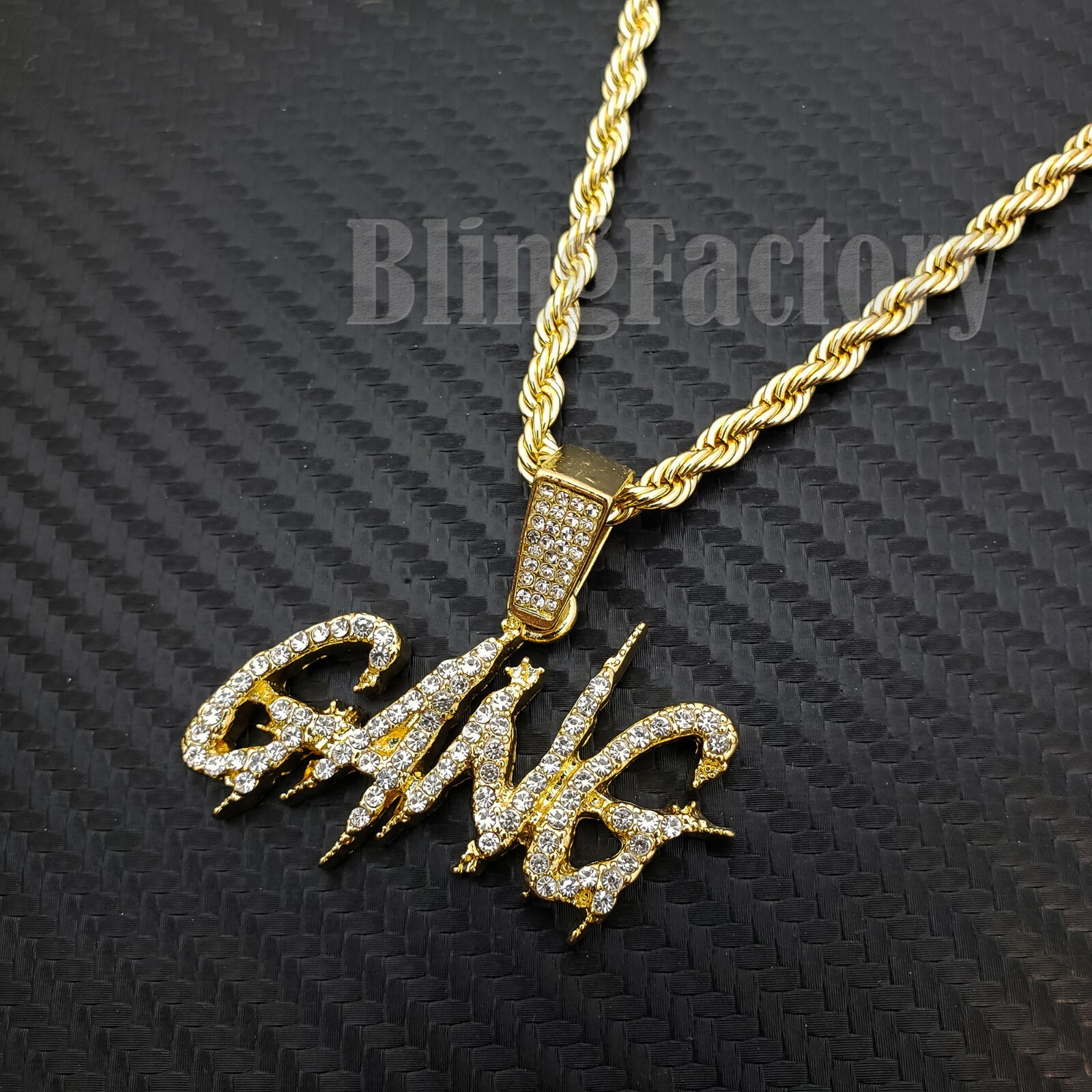 Iced Gold Plated Alloy Cubic Zirconia GANG DRIP Pendant 24″ Rope Chain Necklace